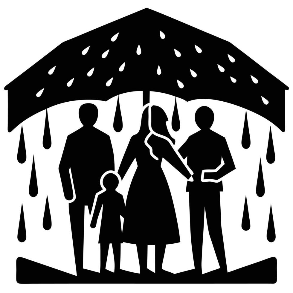 Family Sheltering from Rain Silhouette vector