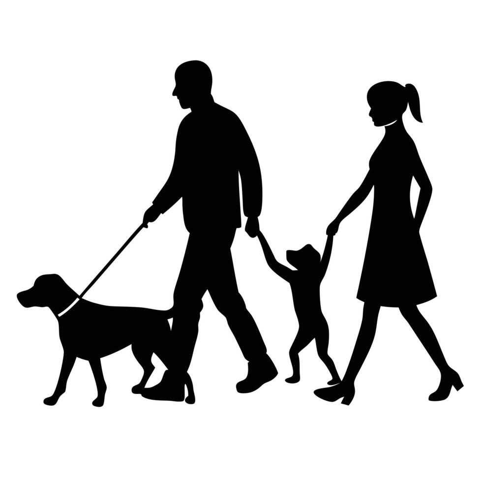Silhouetted Family Walking with Dog vector