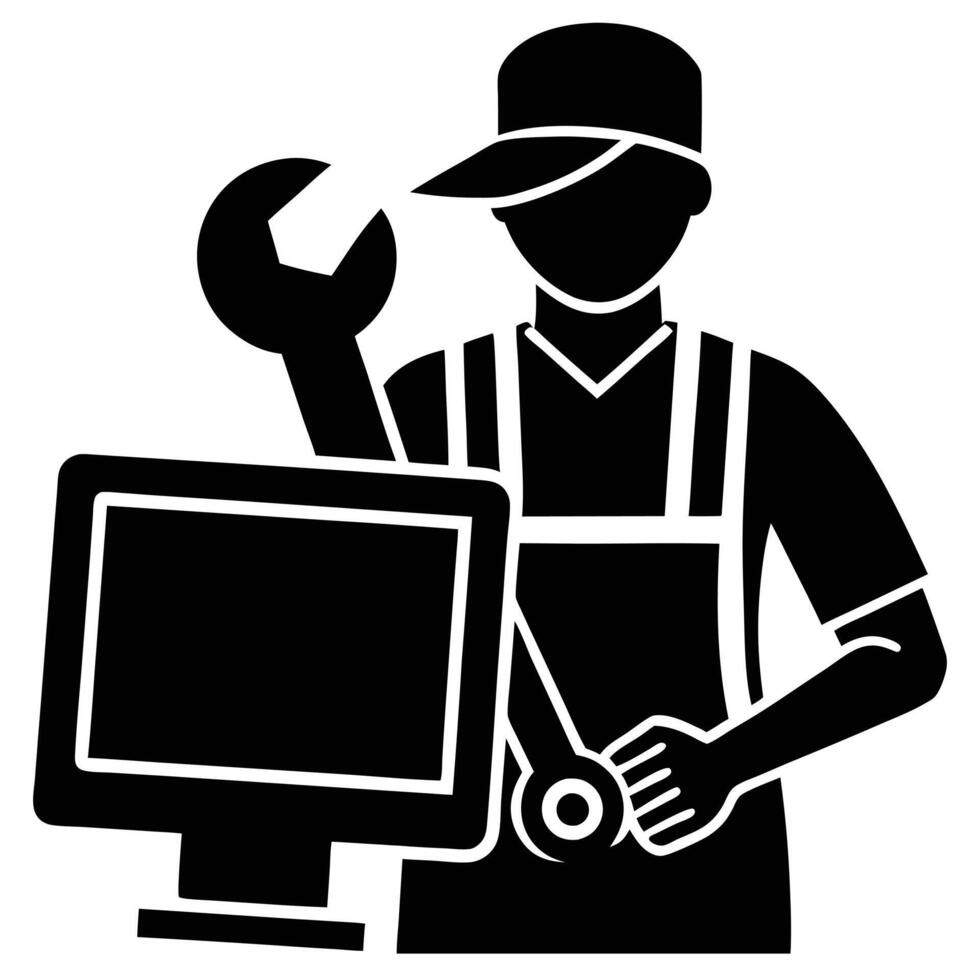Silhouetted Computer Repair Icon on White vector