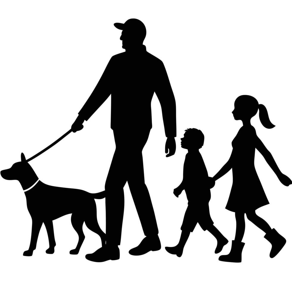 Family Walking Dog Silhouette Illustration vector