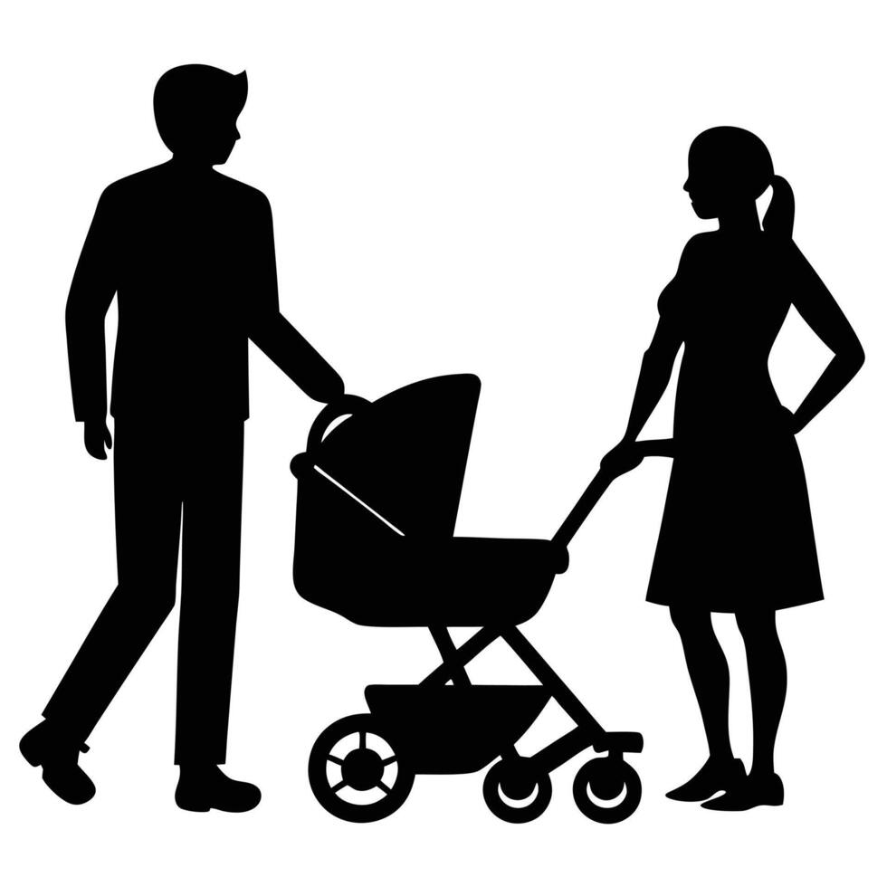 Silhouette of Family Strolling with Baby on White vector