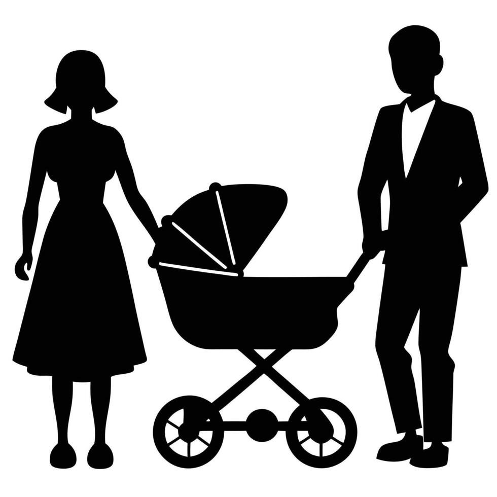 Family with Stroller Silhouette Illustration vector