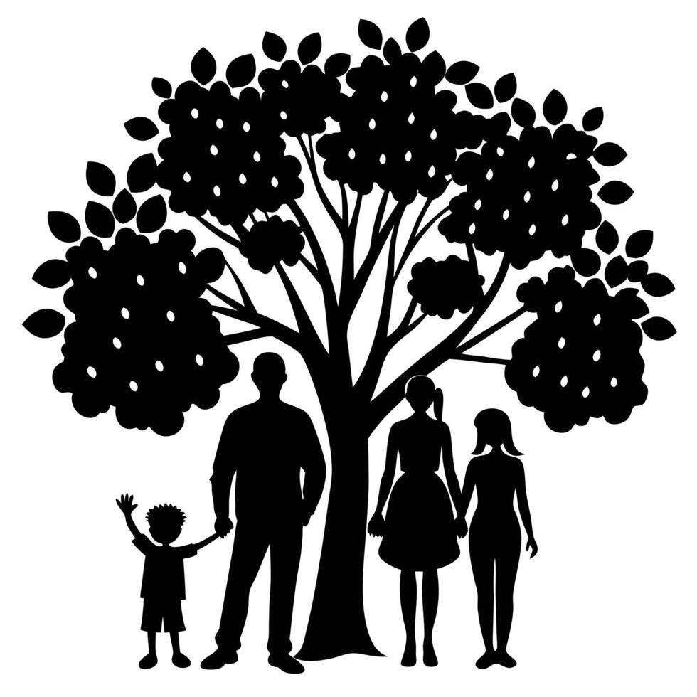 Family Shaded Under Tree Silhouette vector