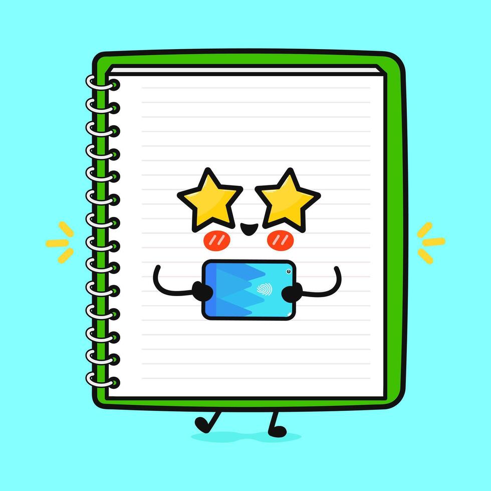 Note pad with smartphone character. hand drawn cartoon kawaii character illustration icon. Isolated on blue background. Note pad character concept vector