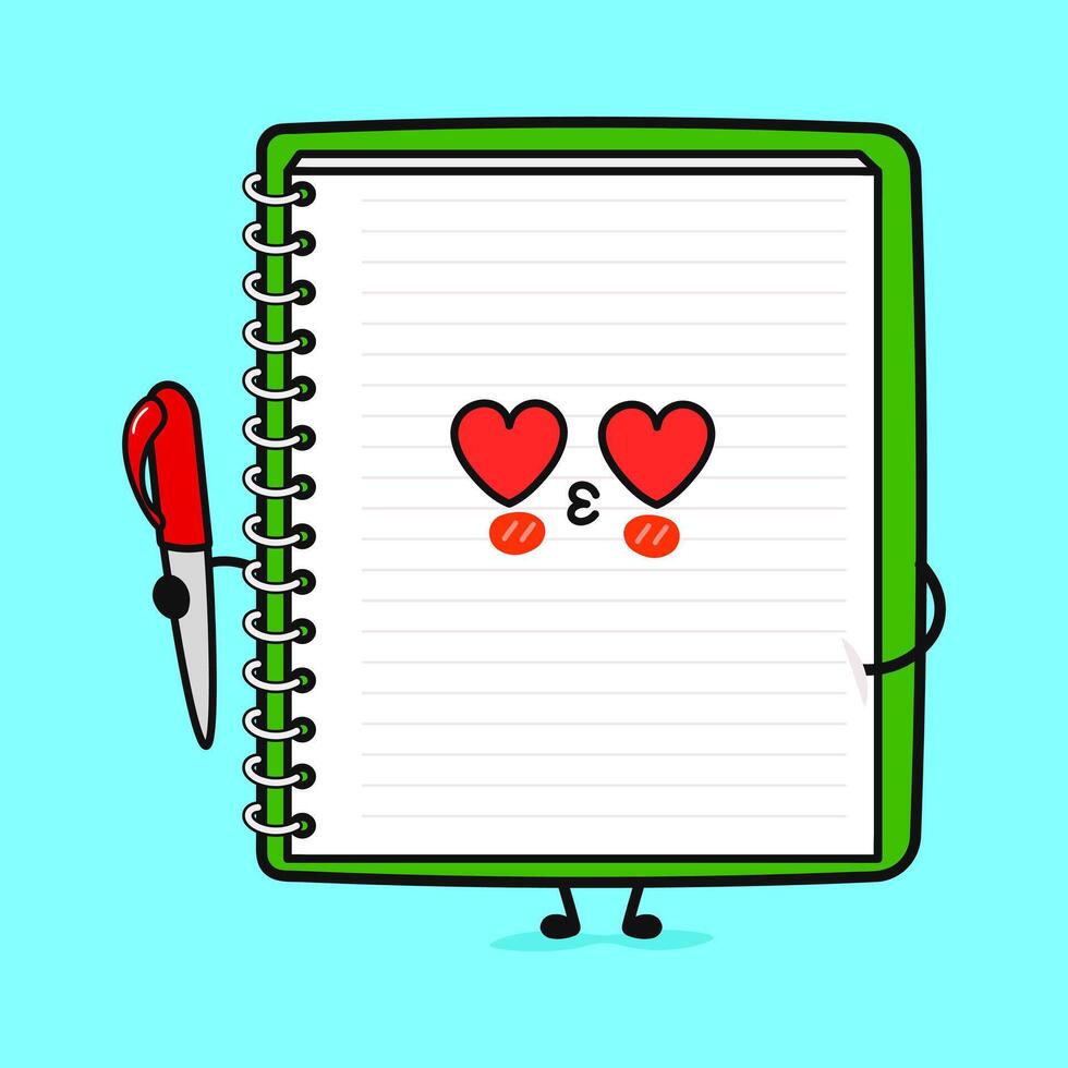 Note pad in love character. hand drawn cartoon kawaii character illustration icon. Isolated on blue background. Note pad character concept vector