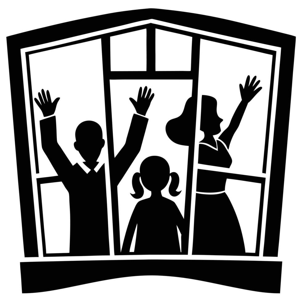 Silhouette of Family Waving from a Window vector