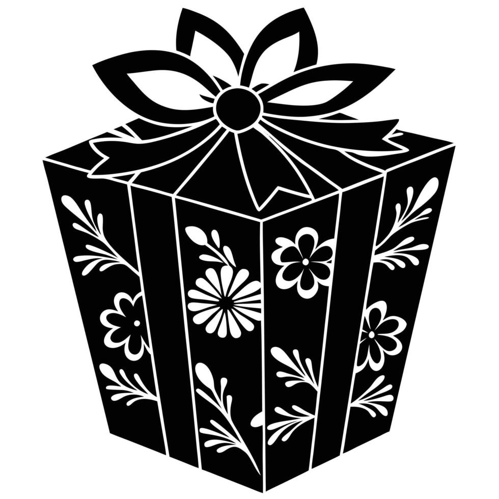 Gift with Floral Wrap Silhouette Isolated on White vector