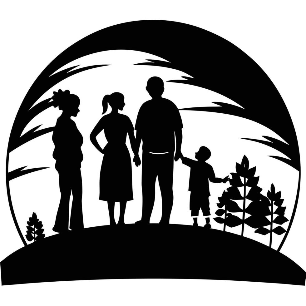 Family Watching Sunrise Silhouette on White Background vector