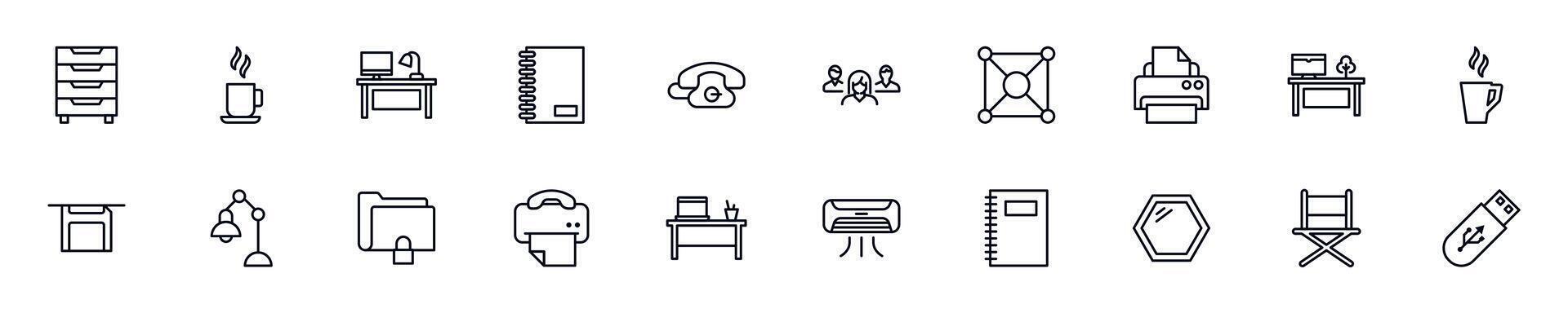 Office linear symbols pack. Outline symbol and editable stroke for apps, stores, shops, infographics vector