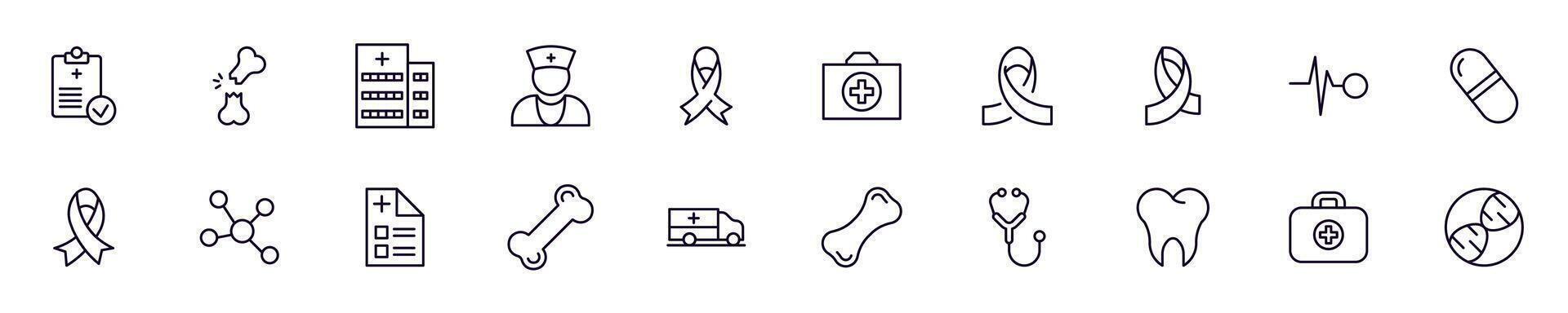 Medicine and healthcare linear symbols bundle. Collection for web sites, newspapers, apps, infographics vector