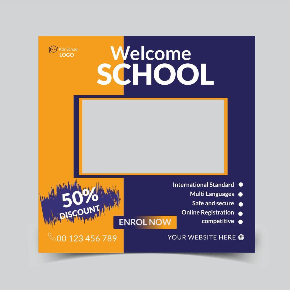 Kids school admission social media post and back to school web banner higher education square flyer study abroad poster template vector