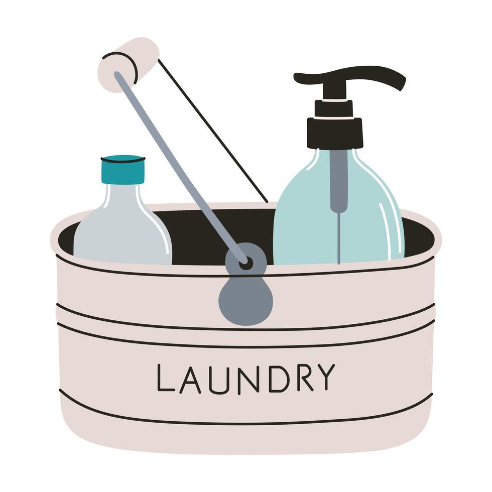 illustration of laundry basket with detergent and conditioner bottles in simple flat cartoon style. Doodle container for home care, cleanliness, and household concepts vector