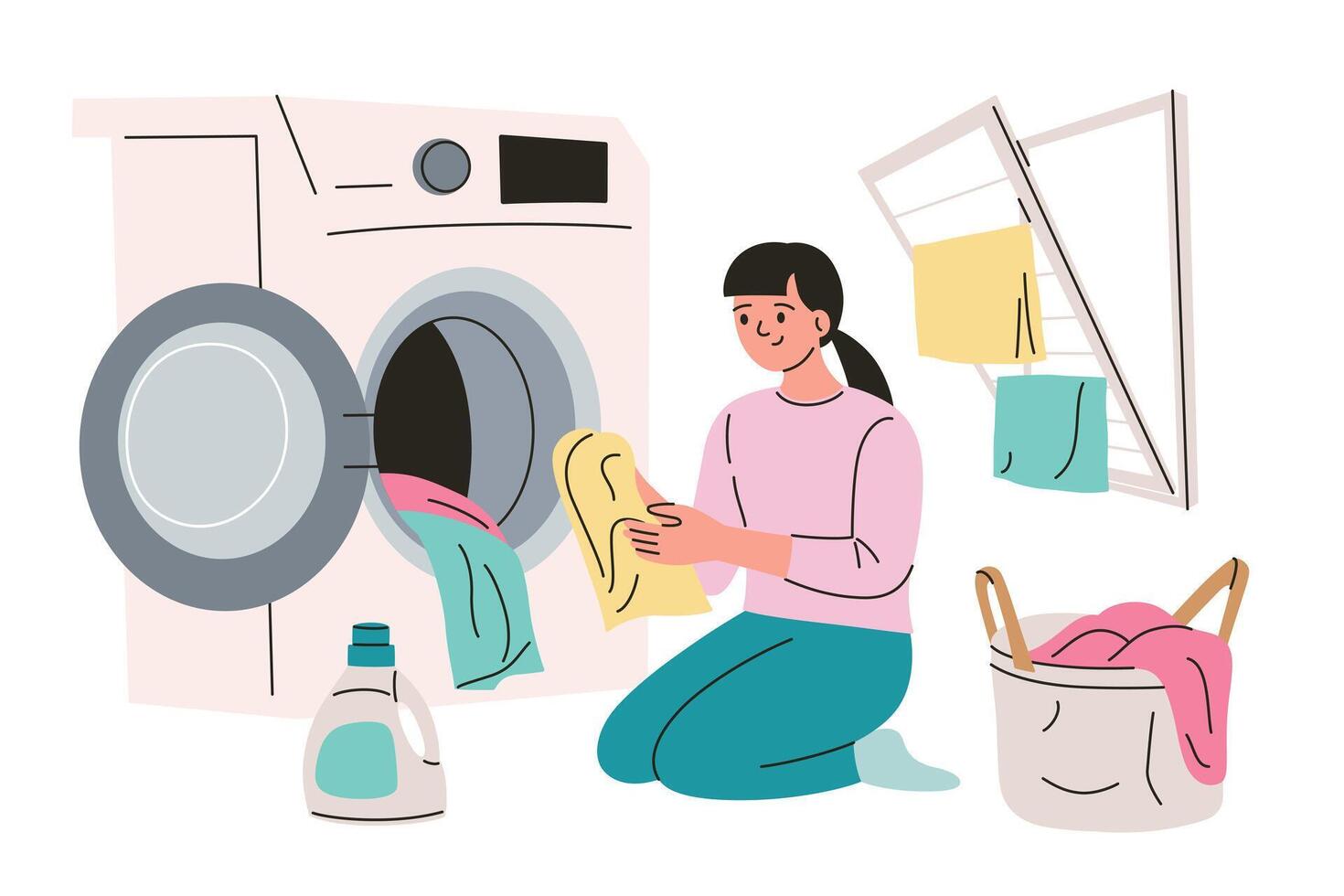 illustration of woman doing laundry, with washing machine, drying rack, and laundry basket, utility room or laundromat. Simple and colorful flat character, detergent doodle in cartoon style vector