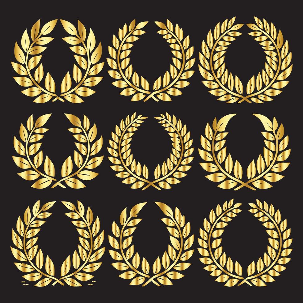 Golden laurel wreaths set on black background vector