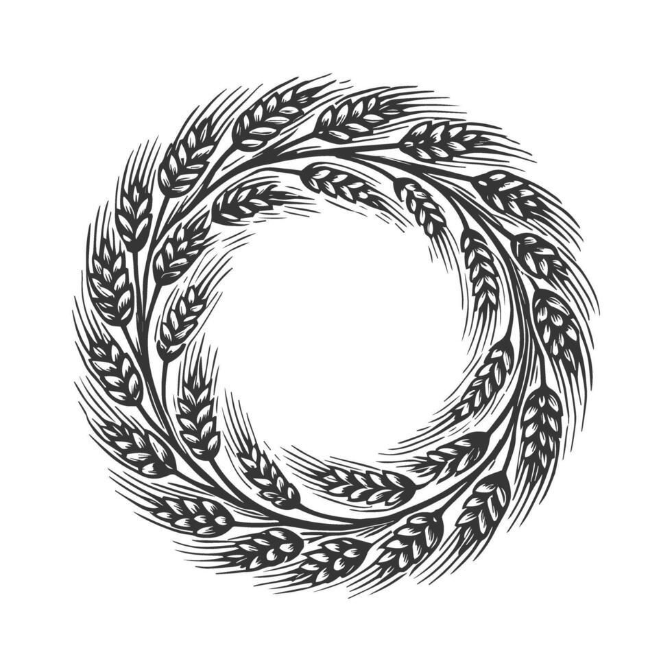 A black and white drawing of a wreath of wheat vector