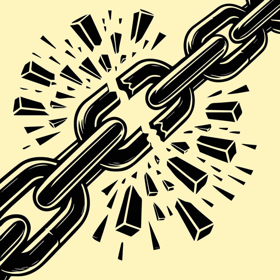 A black and white illustration of a chain with broken links vector