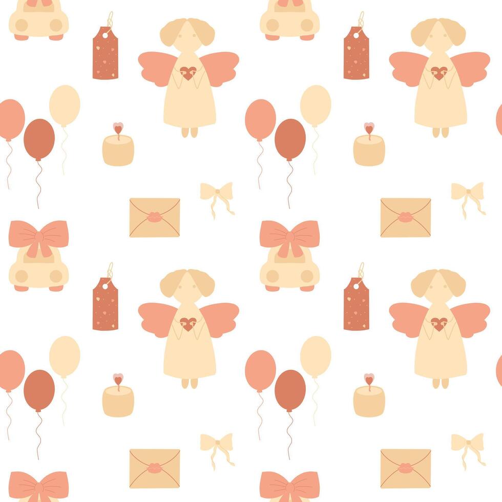 Cute pastel colored seamless pattern, romantic pattern with angel, car, balloons, envelope vector