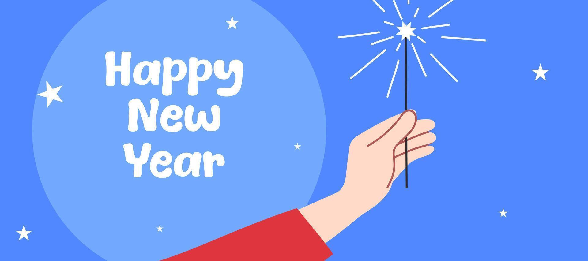 Happy New Year greeting with hand holding fireworks illustration template for banner and card vector