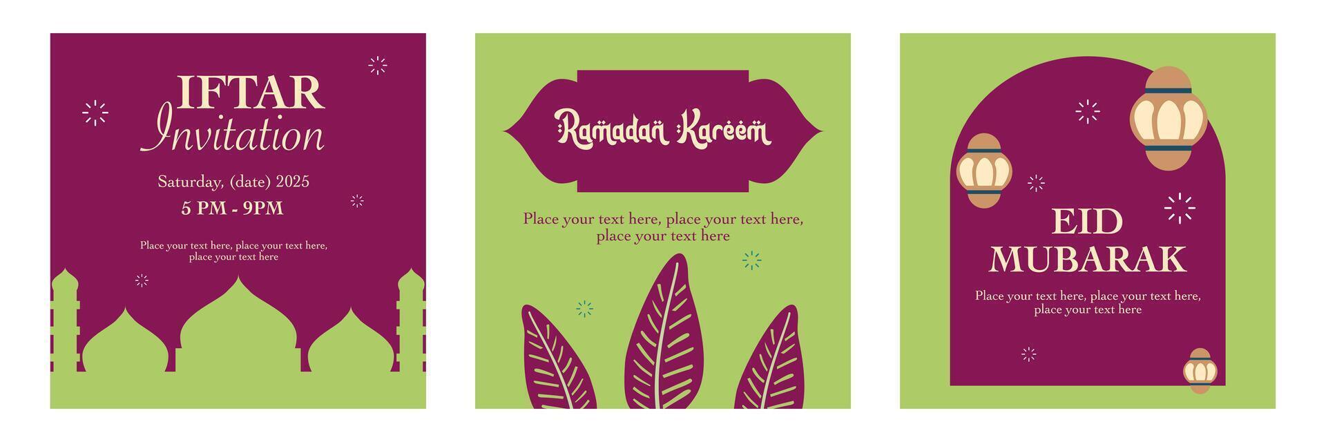 Happy Eid Mubarak, Ramadan Kareem greeting, iftar invitation with mosque illustration on green and purple background for card, poster and banner vector