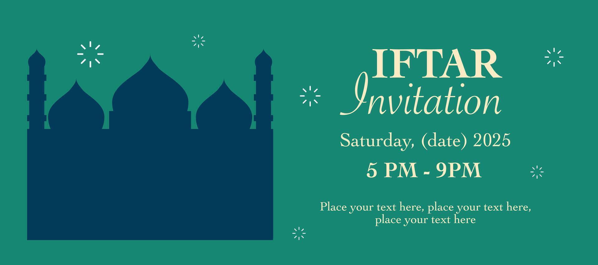 Happy Eid Mubarak, Ramadan Kareem greeting, iftar invitation with mosque illustration on green background for card, poster and banner vector