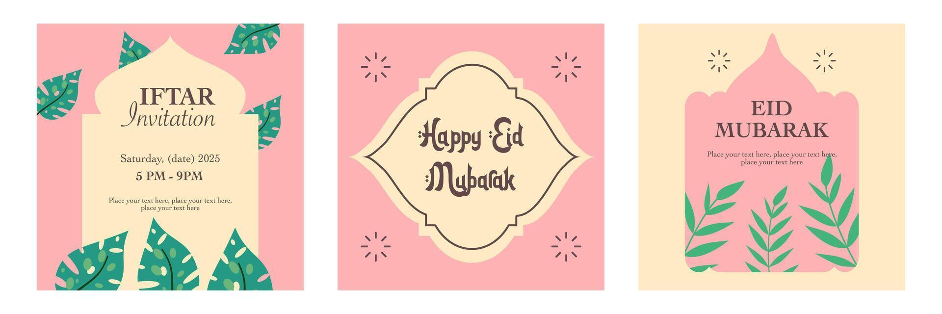 Happy Eid Mubarak and Ramadan Kareem greeting with leaves illustration on cream and pink background for card, poster and banner vector