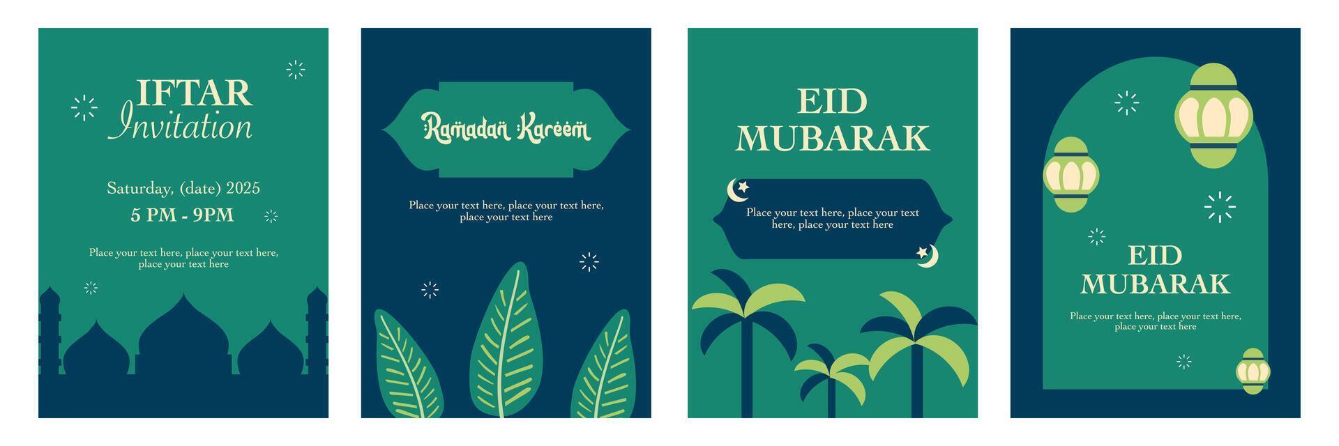 Set of Happy Eid Mubarak and Ramadan Kareem greeting with modern illustration on blue and green background for card, poster and banner vector