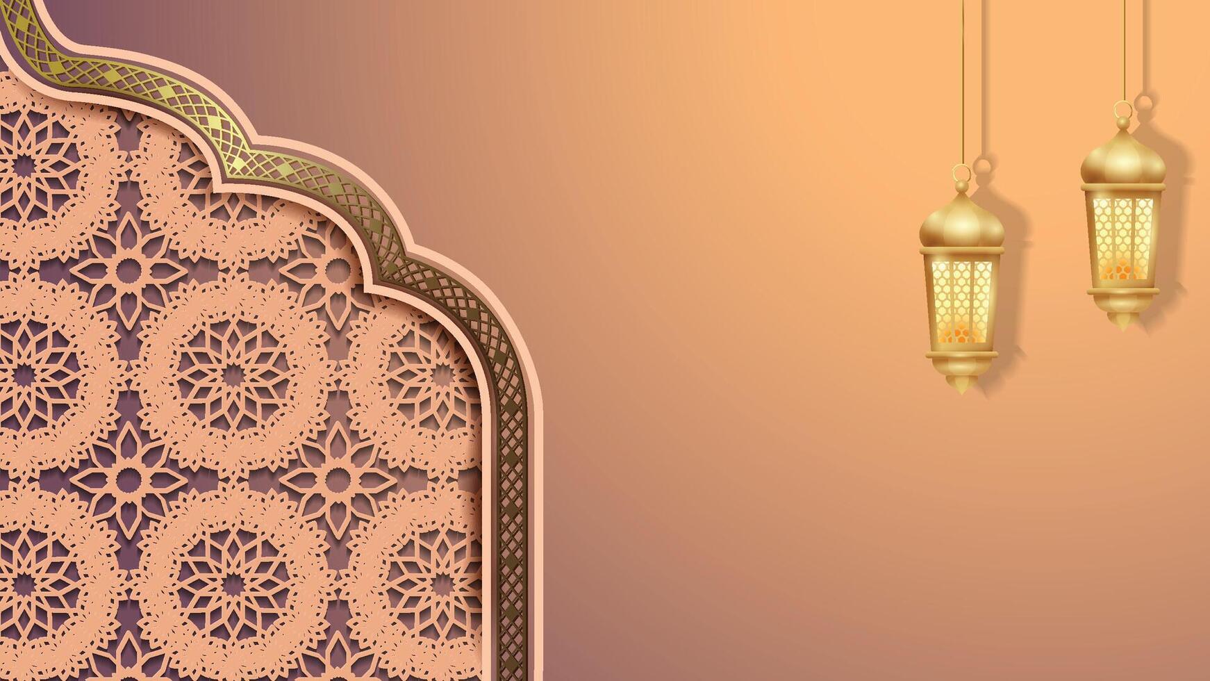 Ramadan kareem greeting card with gold lamp and arabic pattern vector