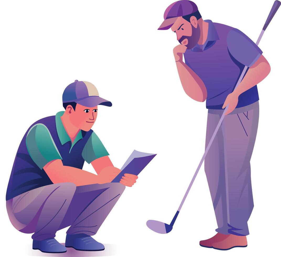 Golf instructor guiding player, flat illustration vector