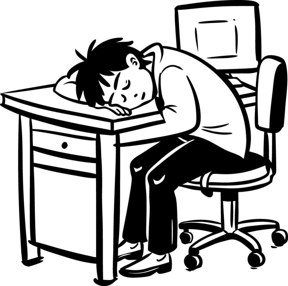 Tired employee taking office nap, doodle illustration vector
