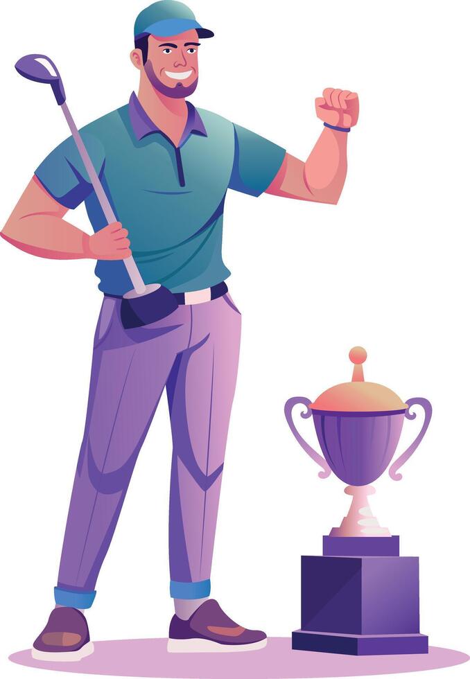 Golf champion standing with trophy, flat style illustration vector