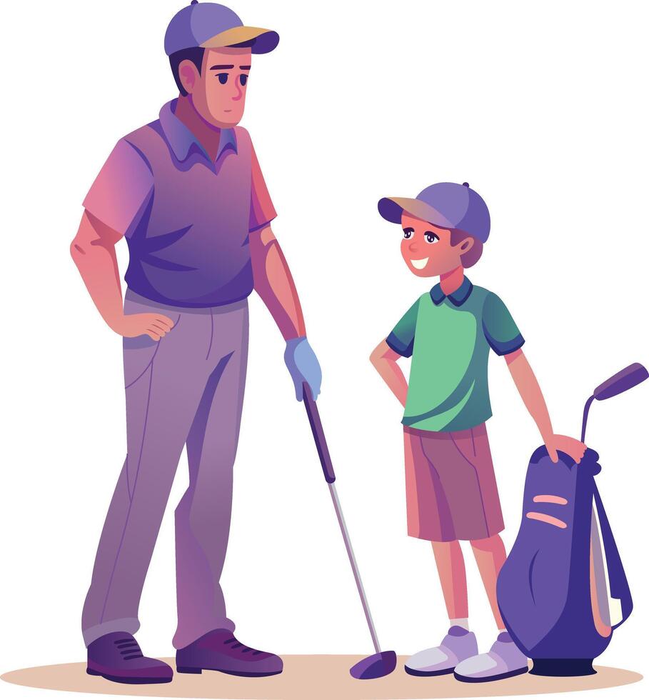 Dad golfing with son, flat style illustration vector