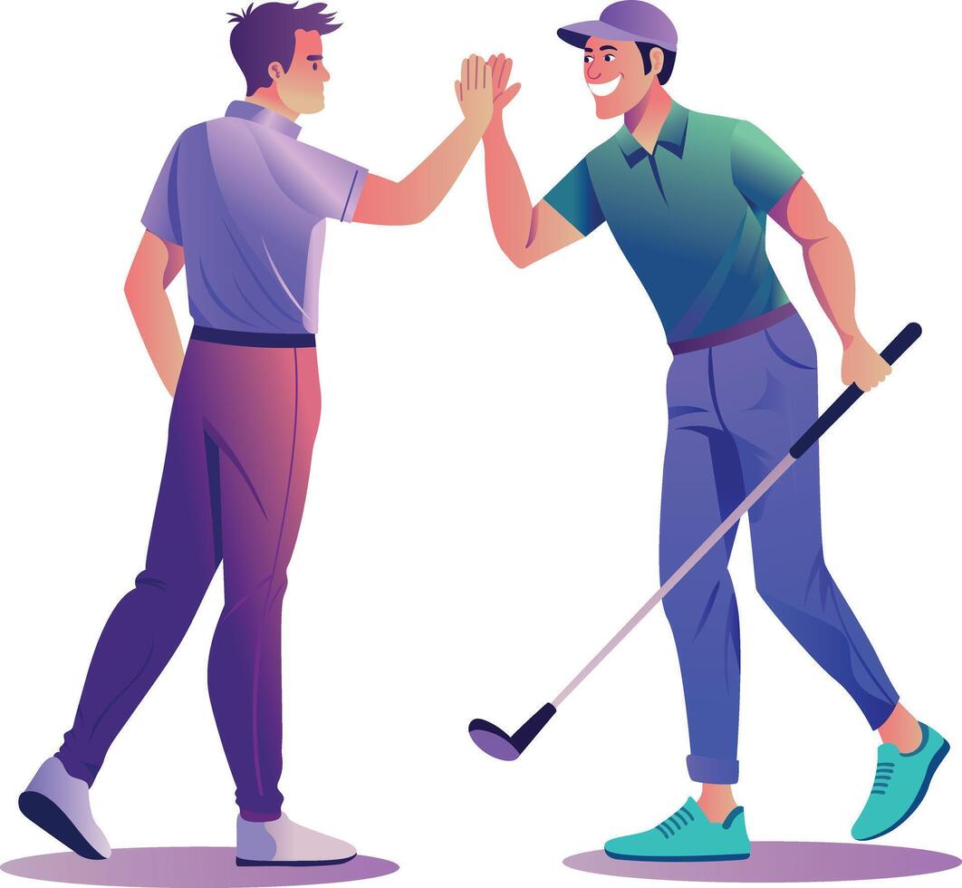 Golf competitors doing high five, flat illustration vector