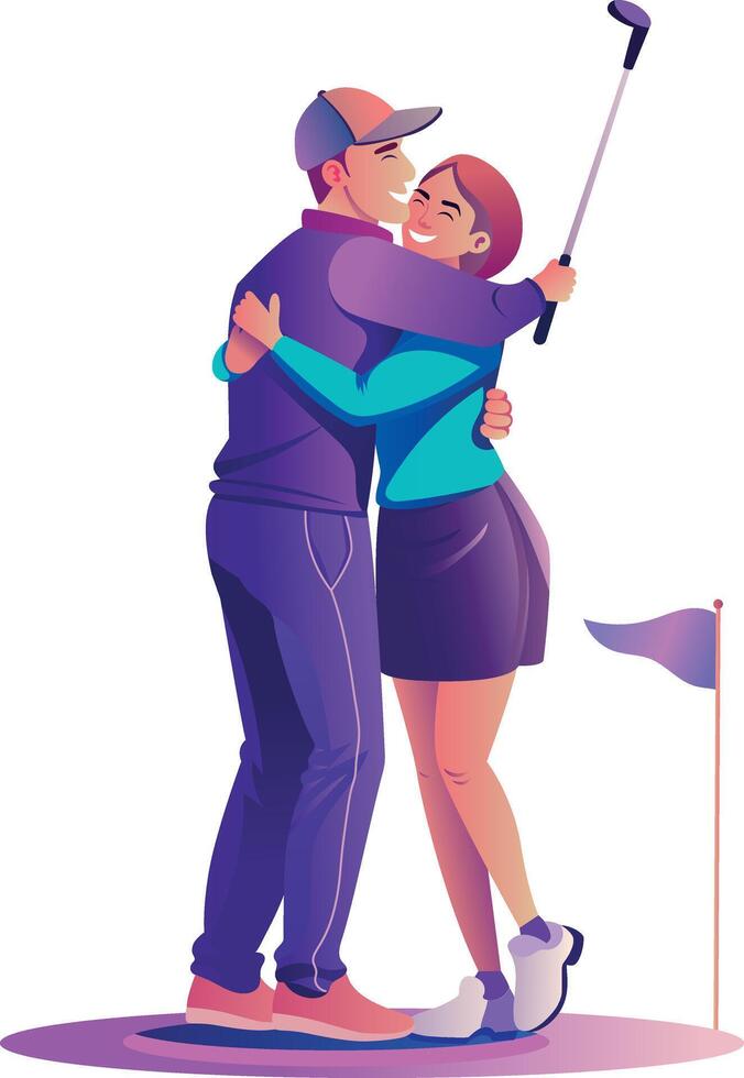 A flat style illustration of hugging golf couple vector