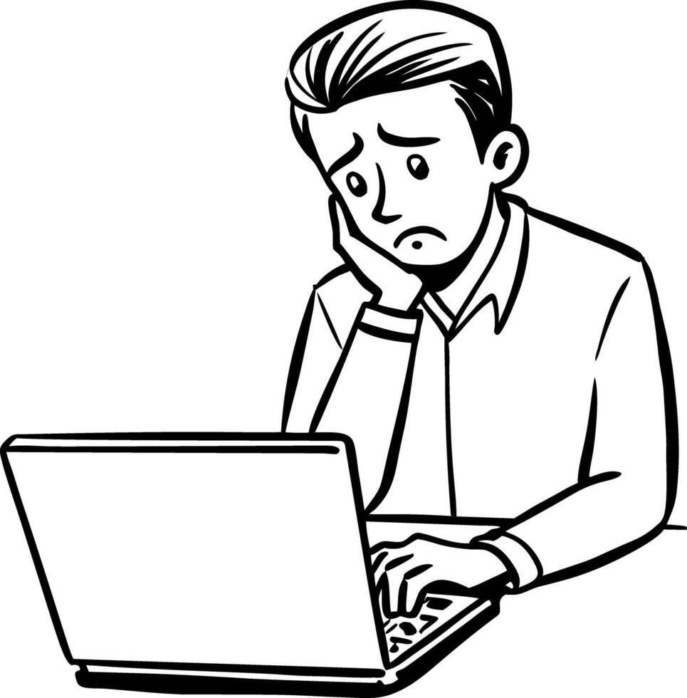 Sad employee staring at screen, hand drawn illustration vector