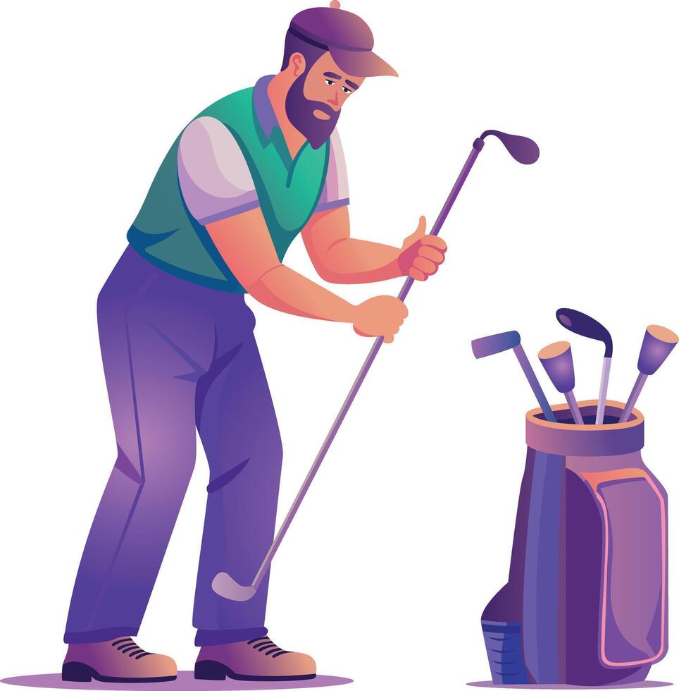 Man taking out club from golf kit, flat illustration vector