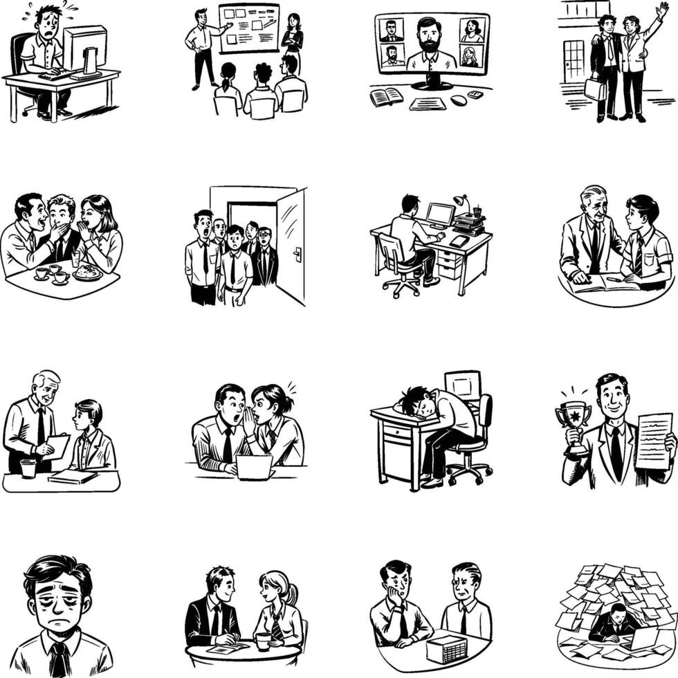 Collection of Office Work Hand Drawn Illustrations vector