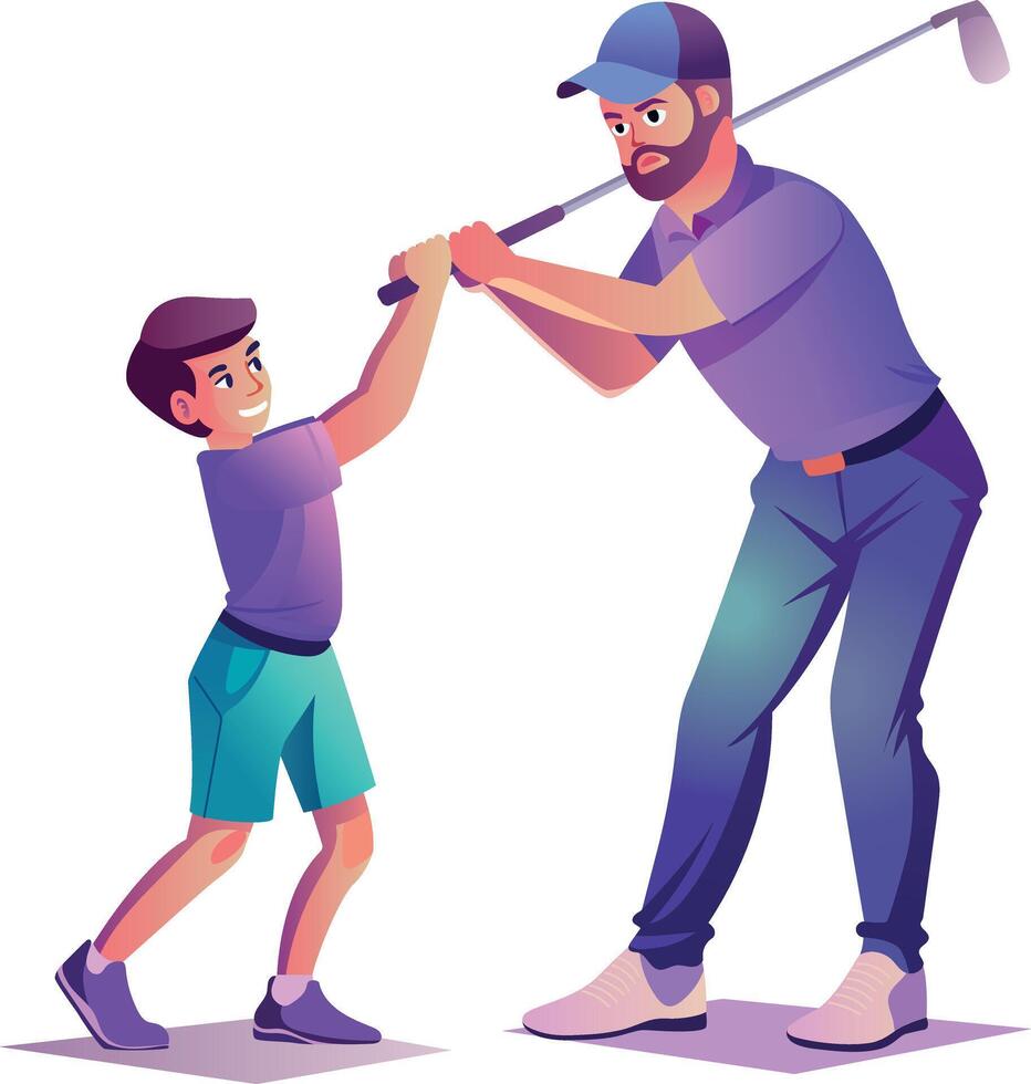 Dad teaching golf to son, flat style illustration vector