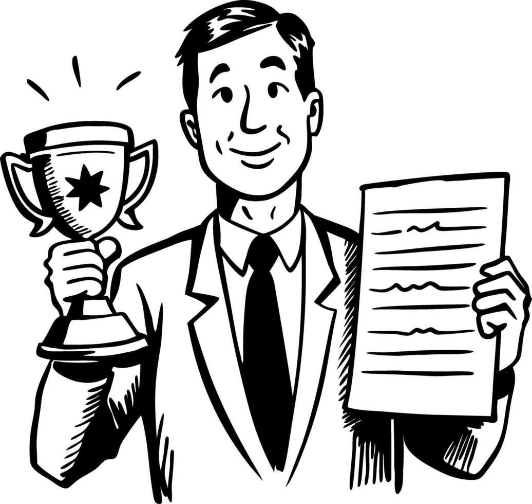 Happy employee holding performance award, doodle illustration vector