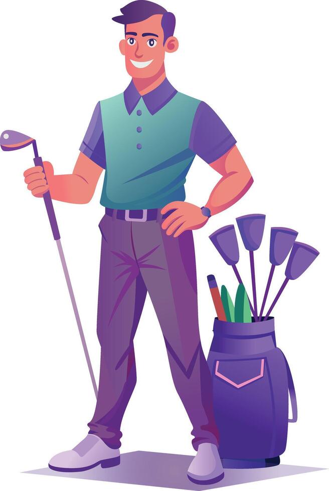Golfer boy with clubs bag, flat style illustration vector