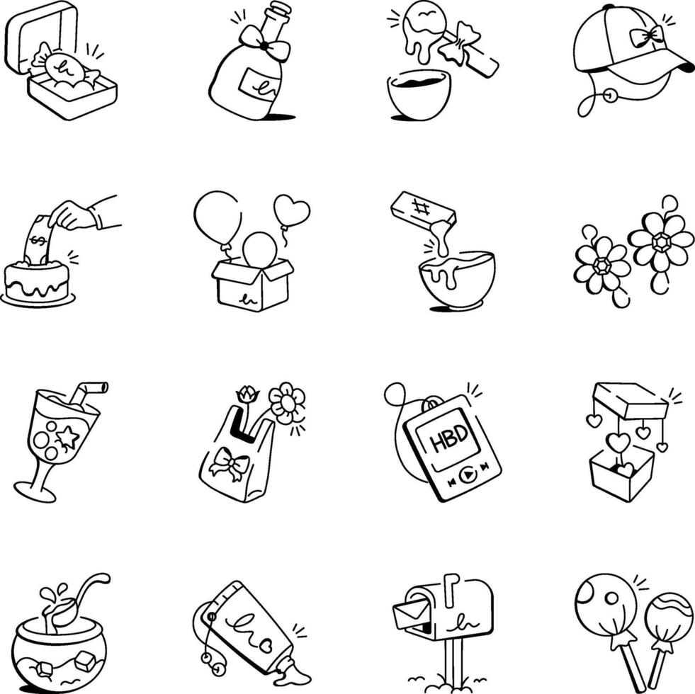 Set of Hand Drawn Birthday Celebration Icons vector