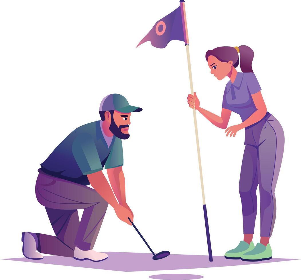 Golf trainer guiding player, flat illustration vector