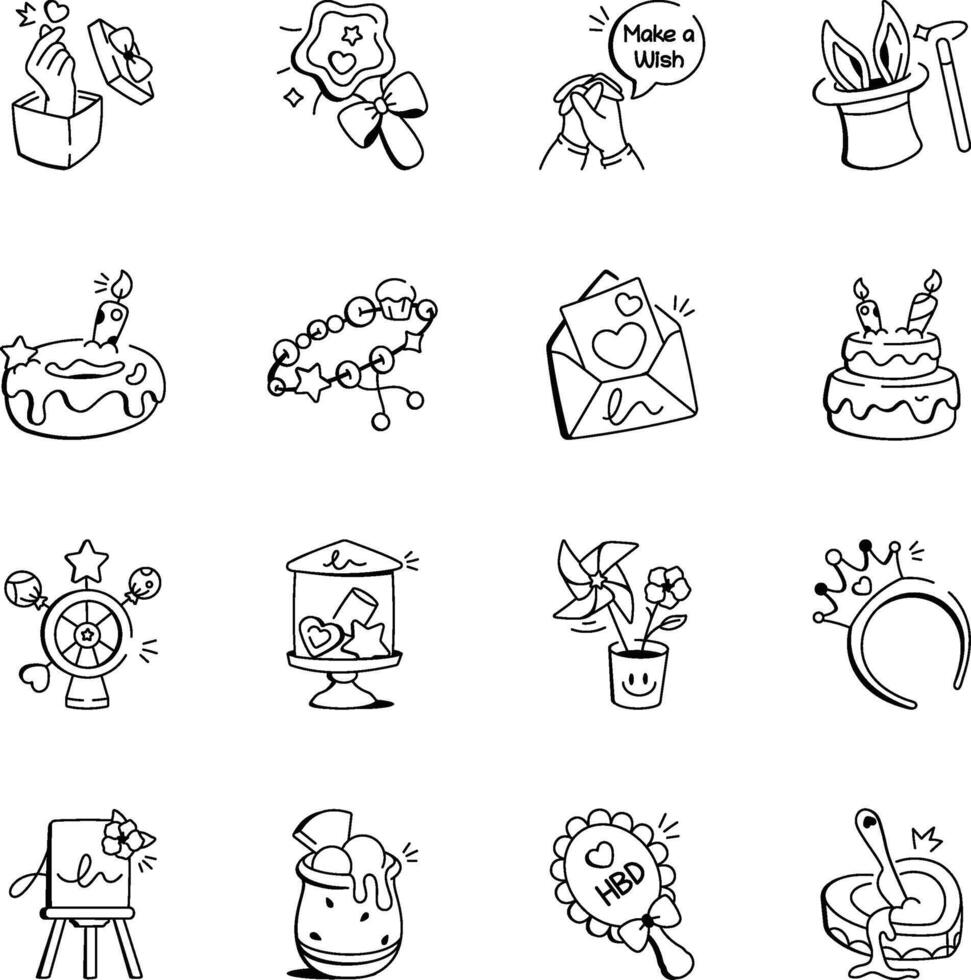 Set of Hand Drawn Birthday Accessories Icons vector