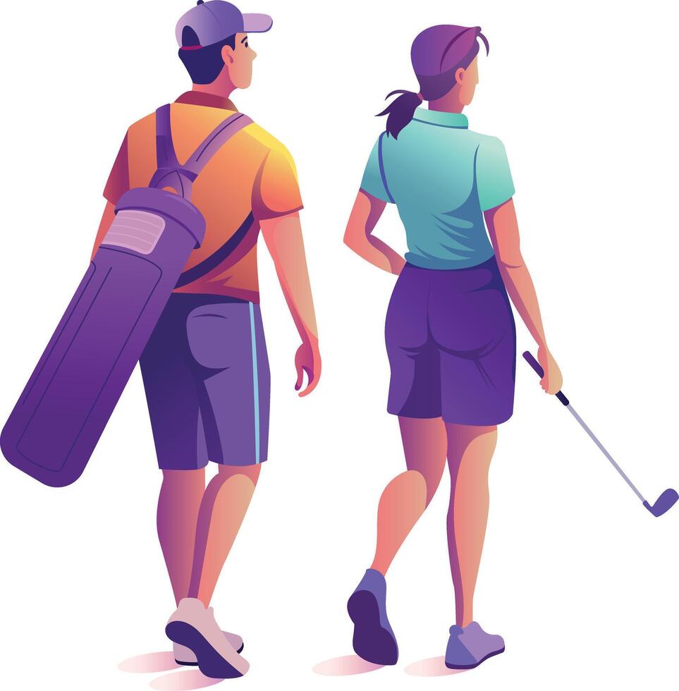 A flat style illustration of walking golfer couple vector