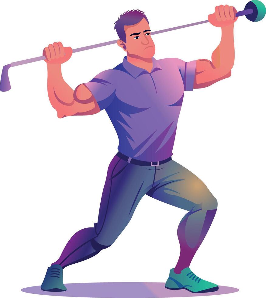 Strong golfer boy holding club stick, flat illustration vector