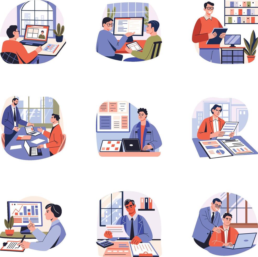 Modern Flat Illustrations Depicting Corporate Work vector
