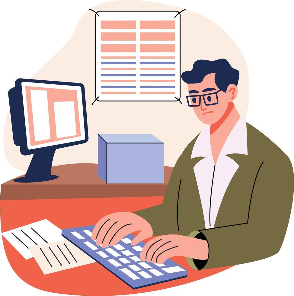 Employee doing data entry, flat style illustration vector