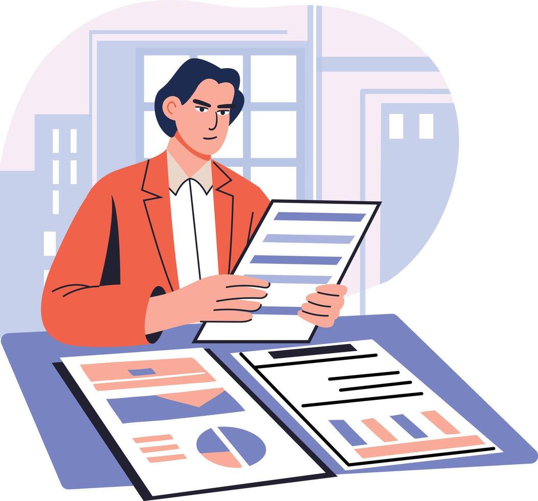 Analyst working on business report, flat illustration vector