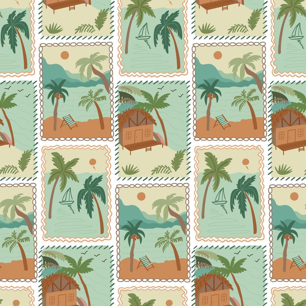 Summer vacation seamless pattern. Tropical beach landscape background. Travel stamps, hand drawn palm tree, sea, cabin, surfboard, print, stamps vector