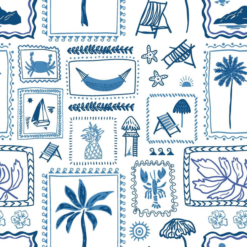 Blue summer tropical beach seamless pattern. Cute hand drawn palm tree, boat, lobster, cabin, sea island framed vacation illustration. Tropic story design, print, exotic wallpaper, textile. vector