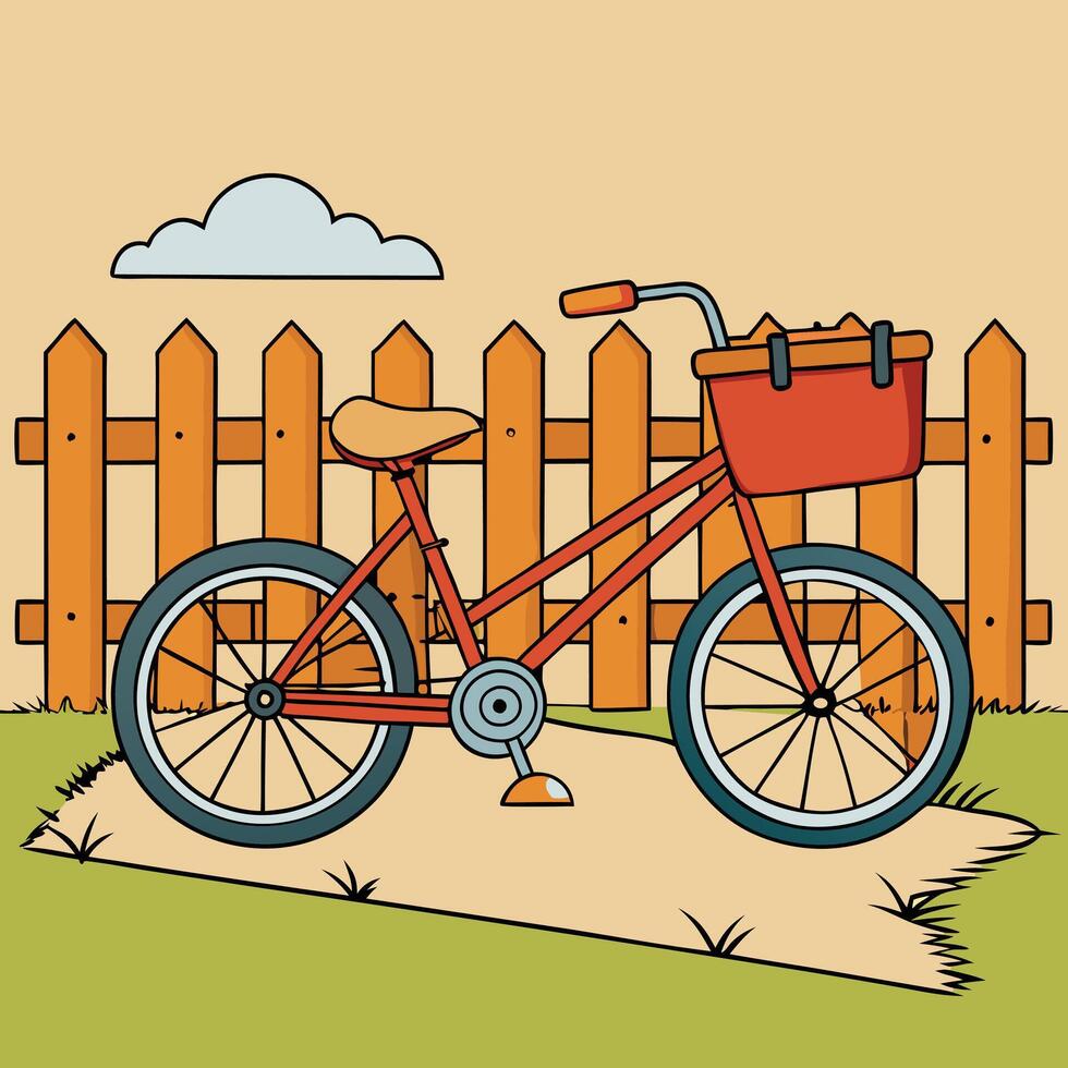Bicycle Leaning Against a Wooden Fence with a Picnic Illustration vector